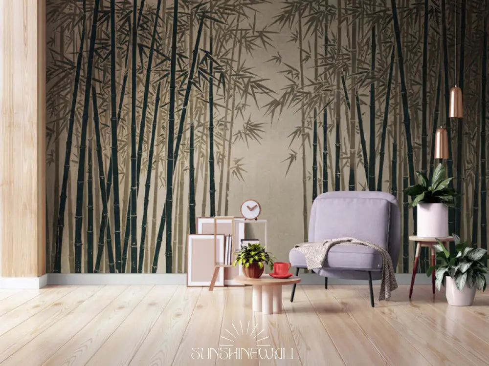 Papier Peint Vintage - Forêt De Bambou Grise