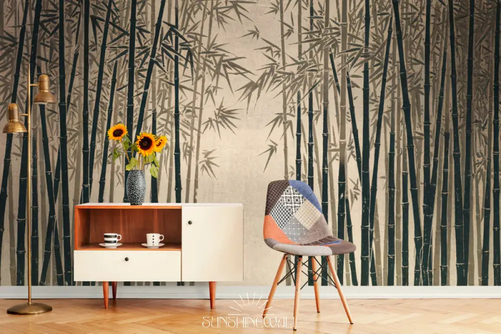 Papier Peint Vintage - Forêt De Bambou Grise