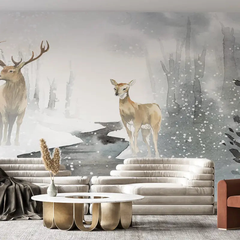 Landscape Wallpaper - Snowy Deer in a Misty Forest