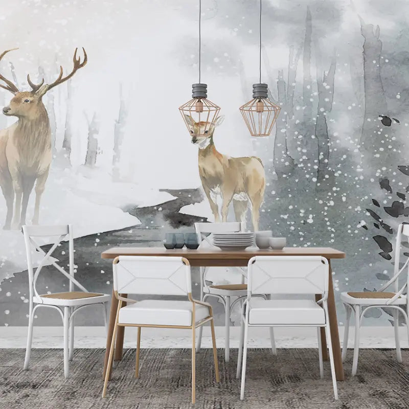 Landscape Wallpaper - Snowy Deer in a Misty Forest