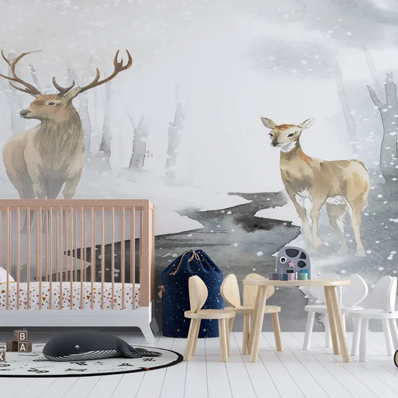Landscape Wallpaper - Snowy Deer in a Misty Forest