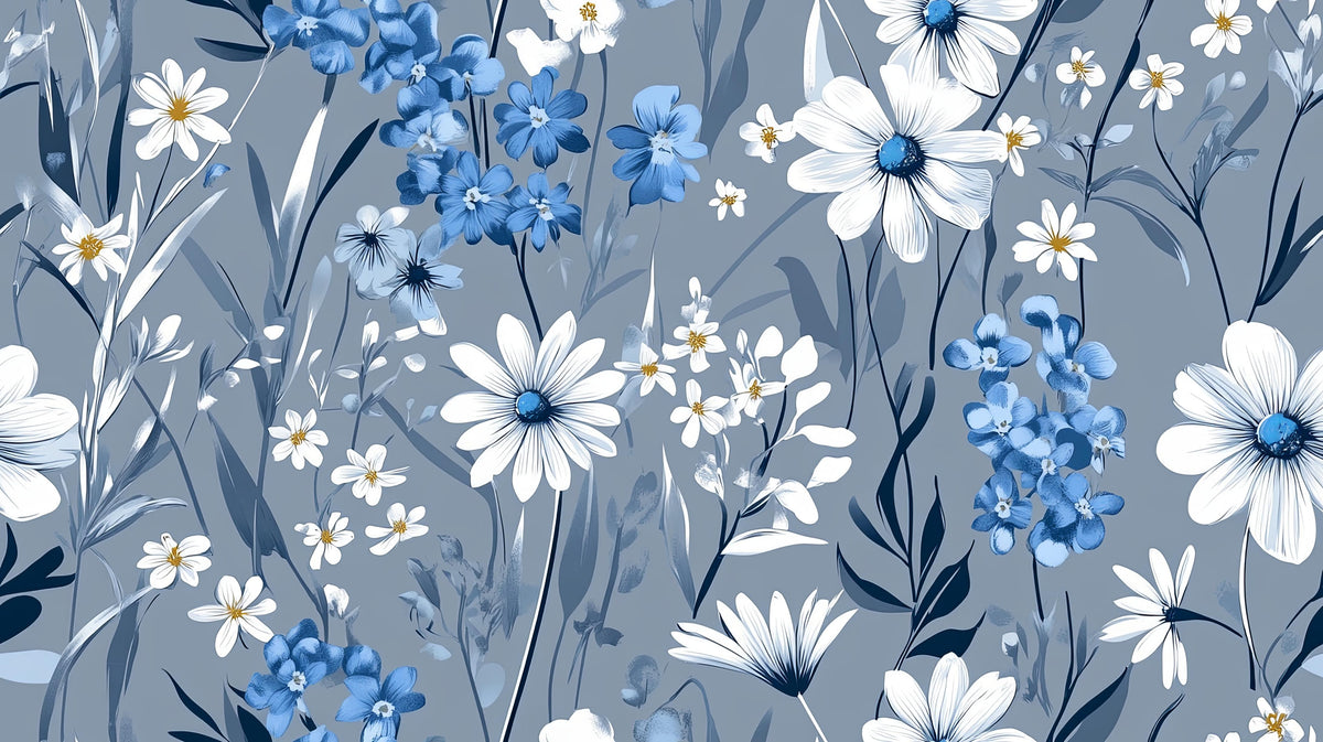 Papier peint floral - Fleurs bleues et blanches
