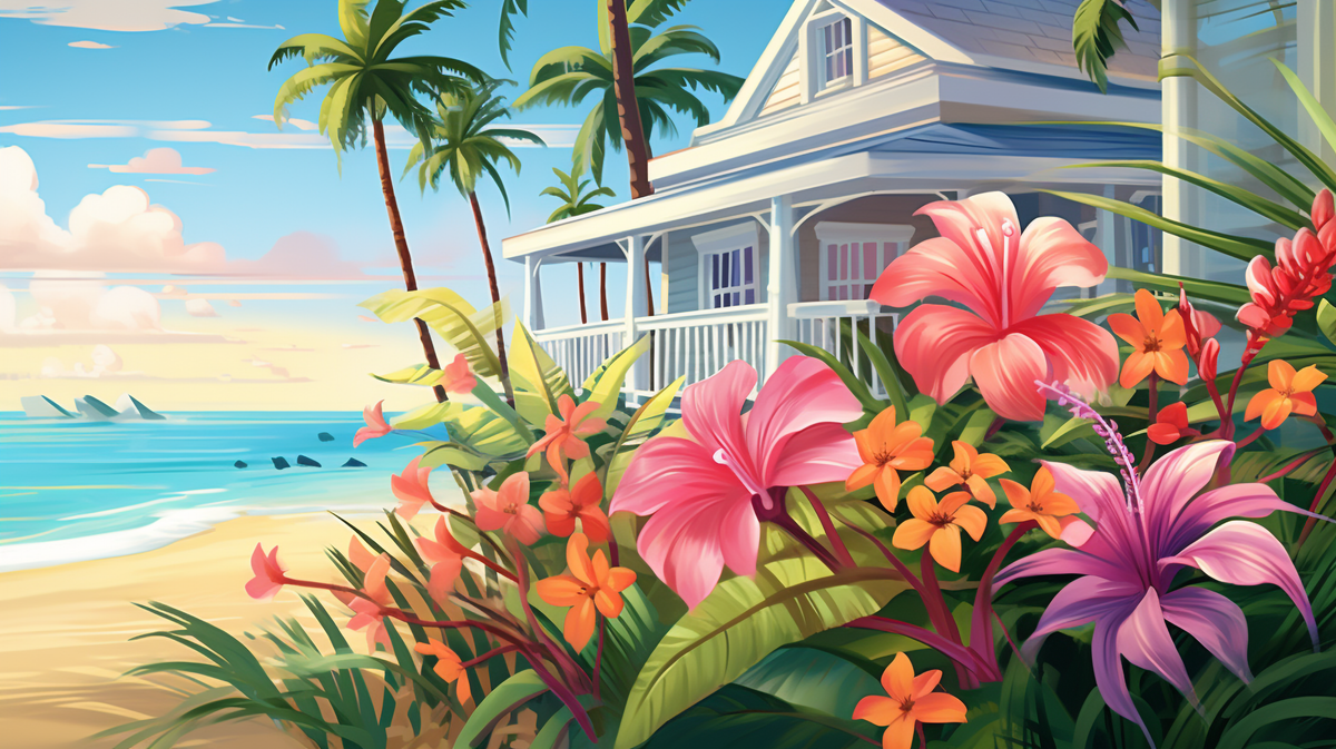 Papier peint tropical - Fleurs devant une maison en bord de mer