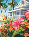Papier peint Tropical – fleurs et maison