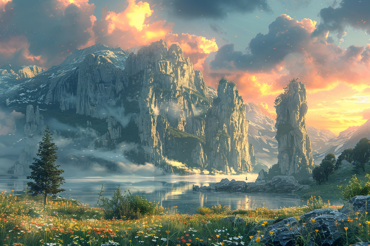 Papier peint fantaisie - Pics rocheux et lac dans la brume