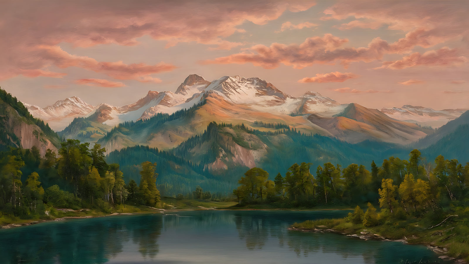 Landscape wallpaper – painted lake and peaks