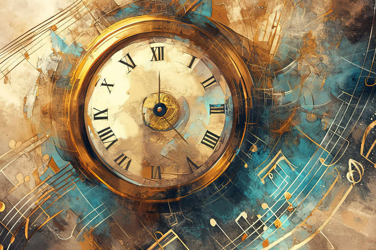 Papel tapiz con ilustración - Gran reloj sobre fondo abstracto azul y dorado