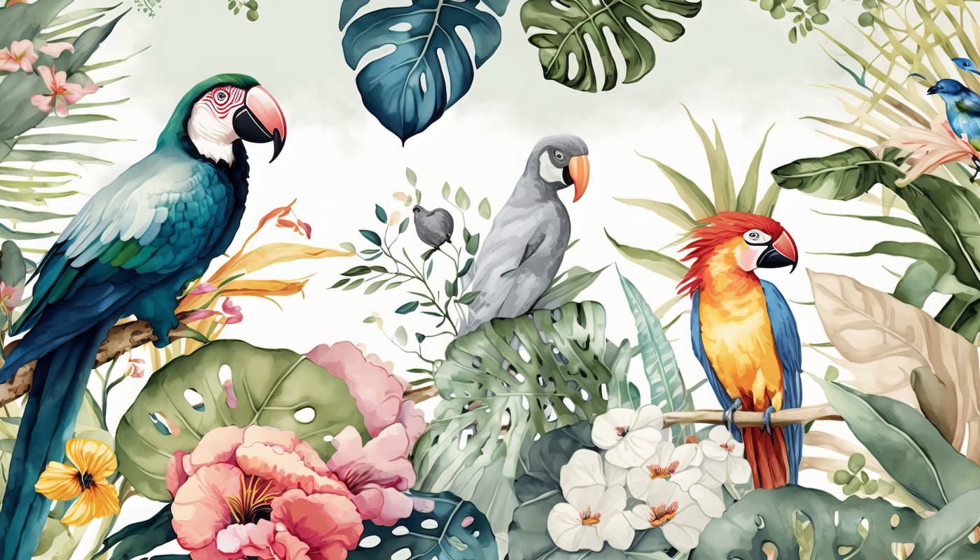 Tropical Wallpaper - Parrots and Exotic Foliage
