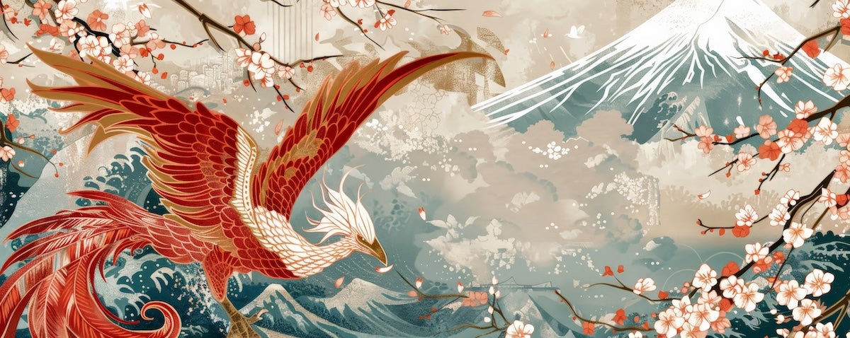 Papier peint animaux - phénix rouge survolant des montagnes enneigées