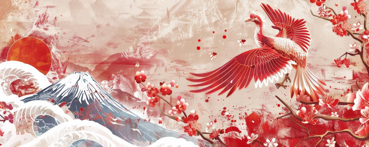 Papier peint animaux - phénix rouge volant près du mont fuji