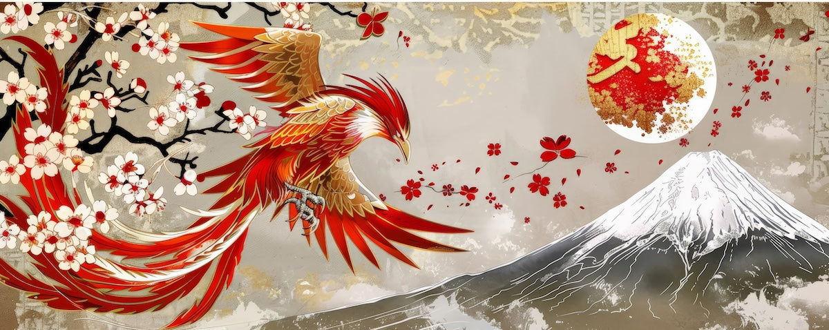 Papier peint animaux - phénix rouge survolant des montagnes enneigées