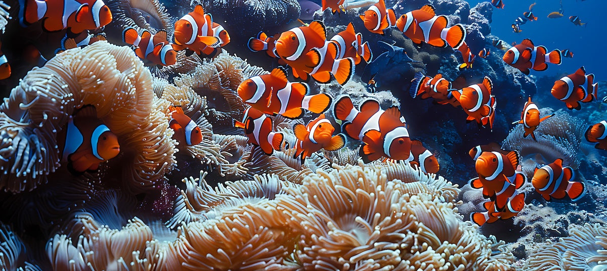 Papier peint animaux - banc de poissons-clowns dans les coraux