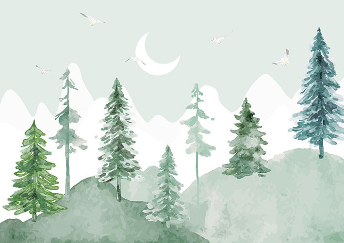 Forest Wallpaper – Watercolor Fir Trees under the Moon