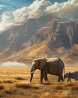 Papier Peint Savane - Éléphants et Montagnes