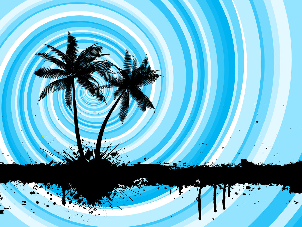 Papier peint tropical - Palmiers noirs sur fond de spirales bleues