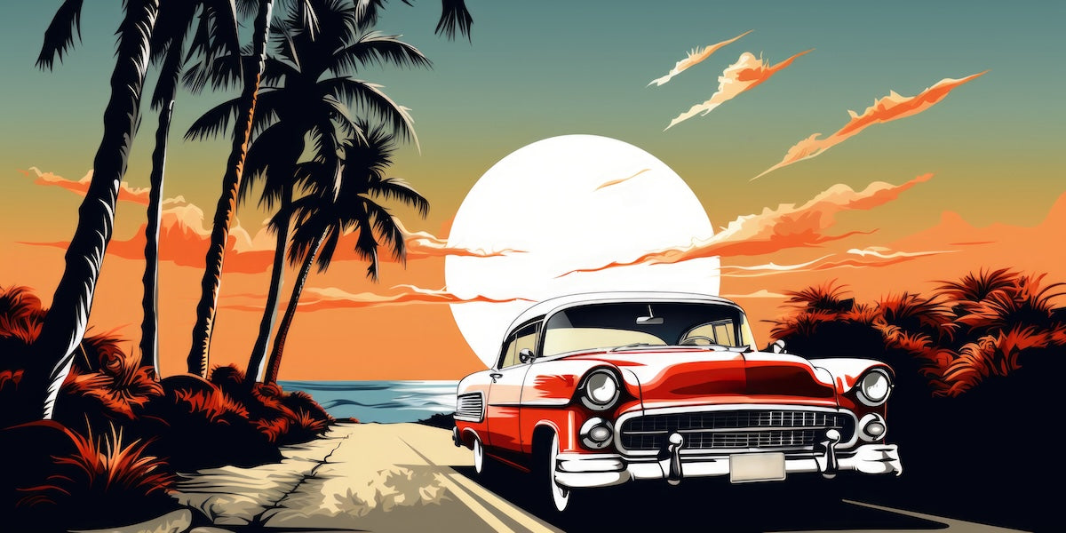 Papier peint voitures - cabriolet rétro sur une route côtière au coucher du soleil