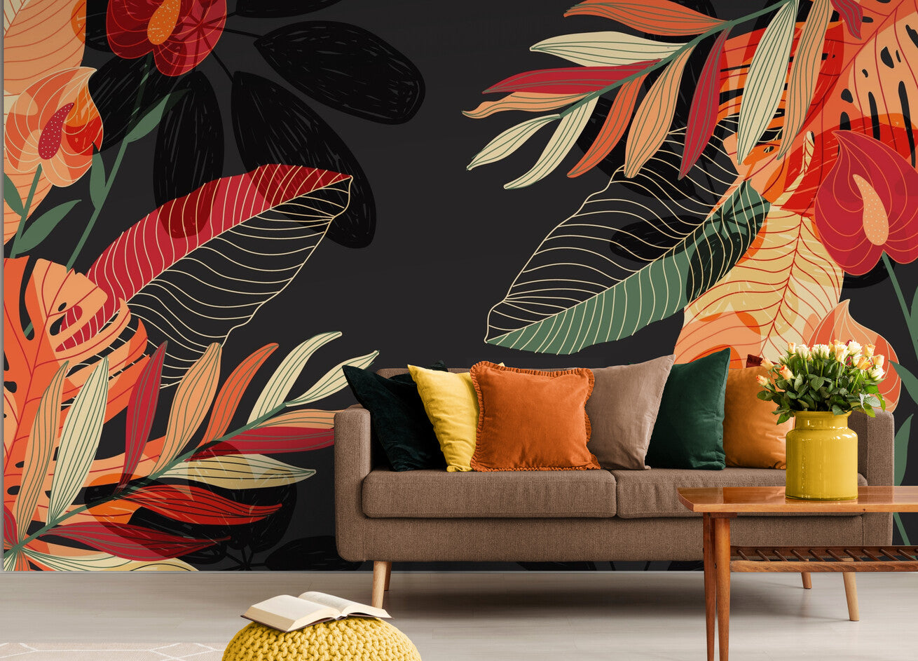 Art Deco Wallpaper - Elegant Leaves in Red and Black