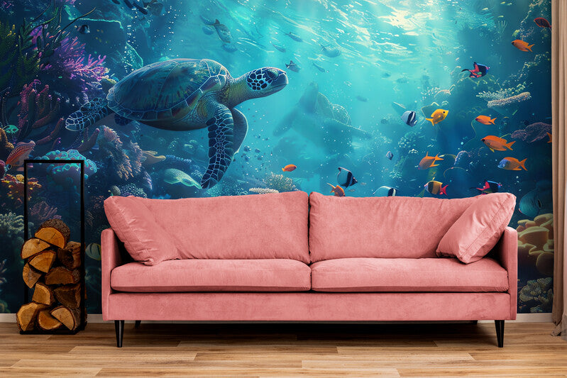 Papier Peint Aquatique - Plante Et Tortue Sous-Marine