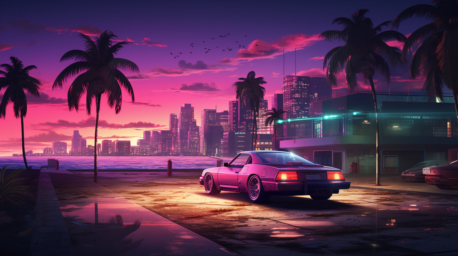 Papier Peint Ville Rétro - Voiture Néon Bord de Mer