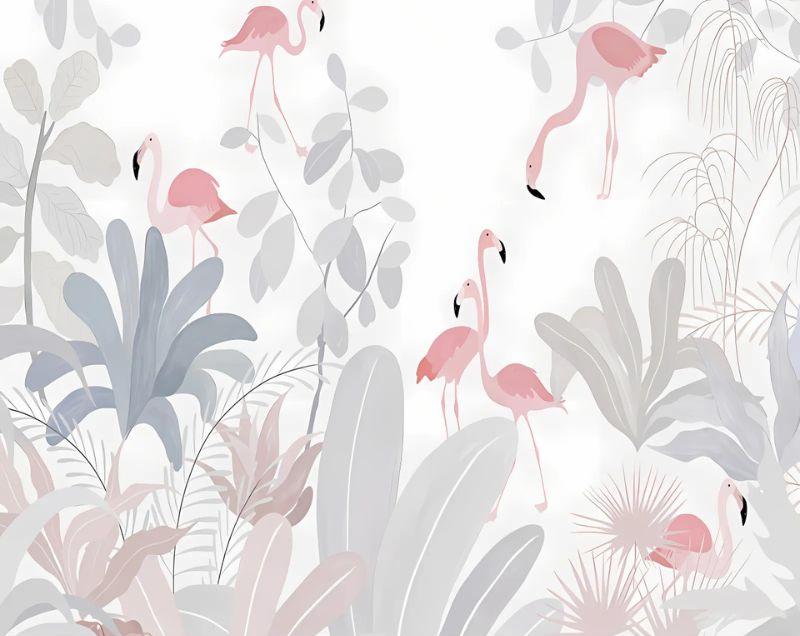 Papier Peint Tropical – Flamants Roses et Feuillage Pastel