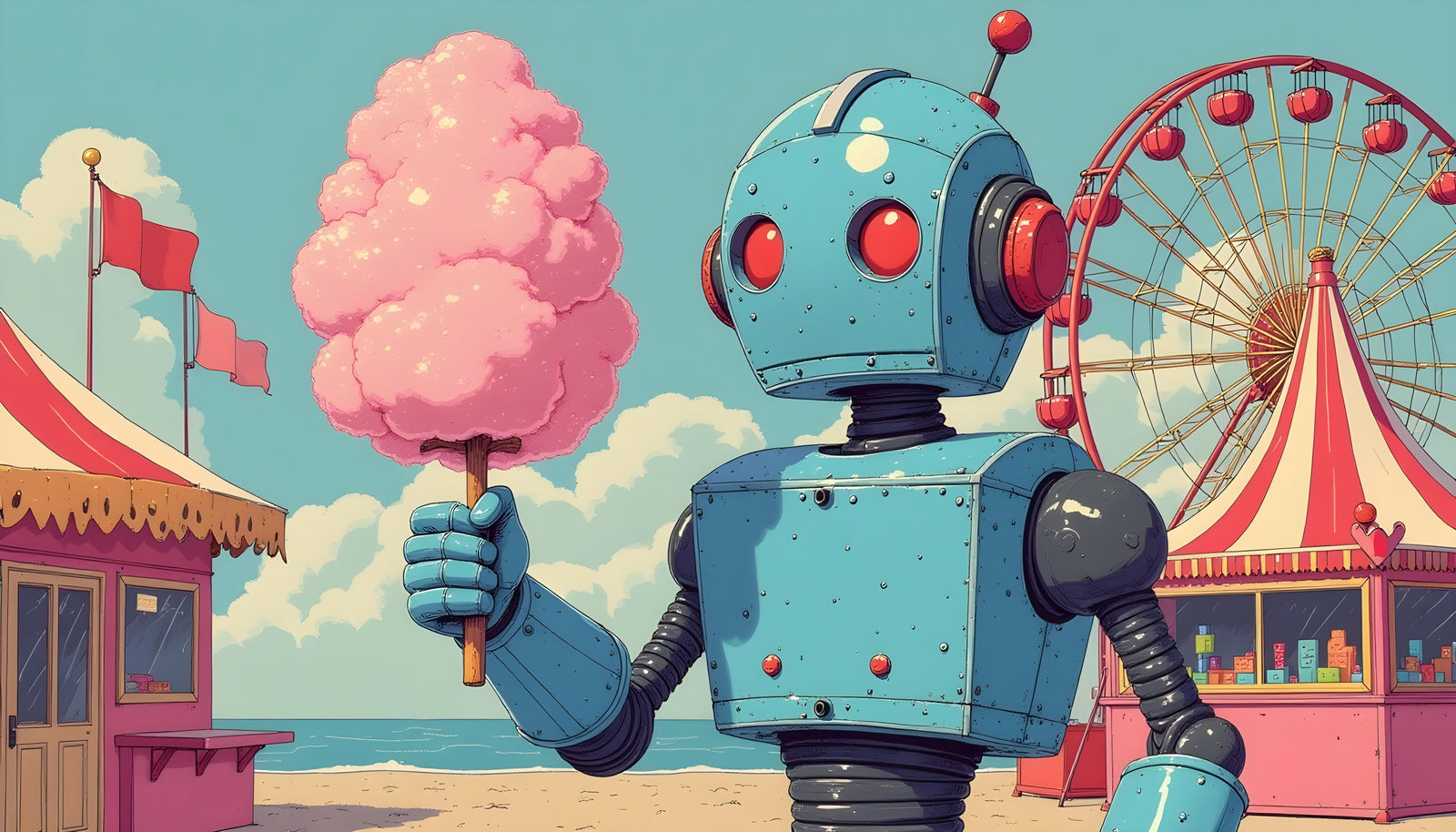 Papier peint Enfant – Robot bleu vintage et barbe à papa