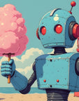 Children's Wallpaper – Vintage Blue Robot and Cotton Candy