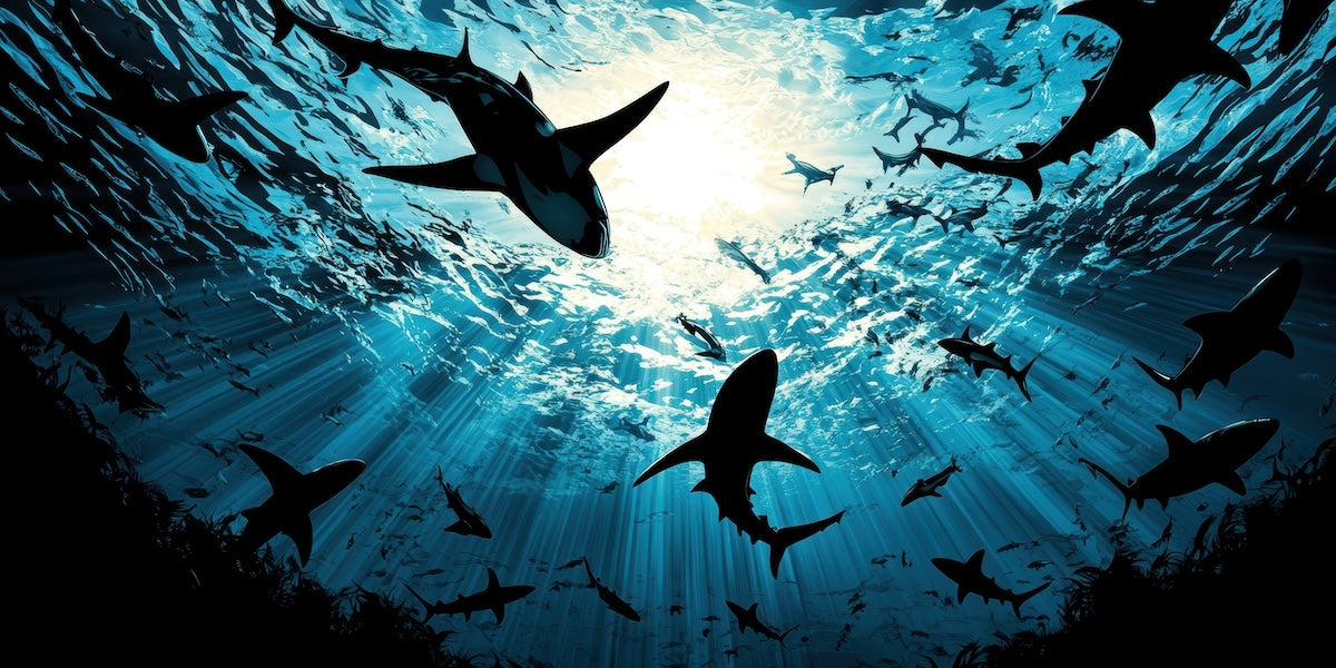 Papier peint animaux - silhouettes de requins sous l'océan