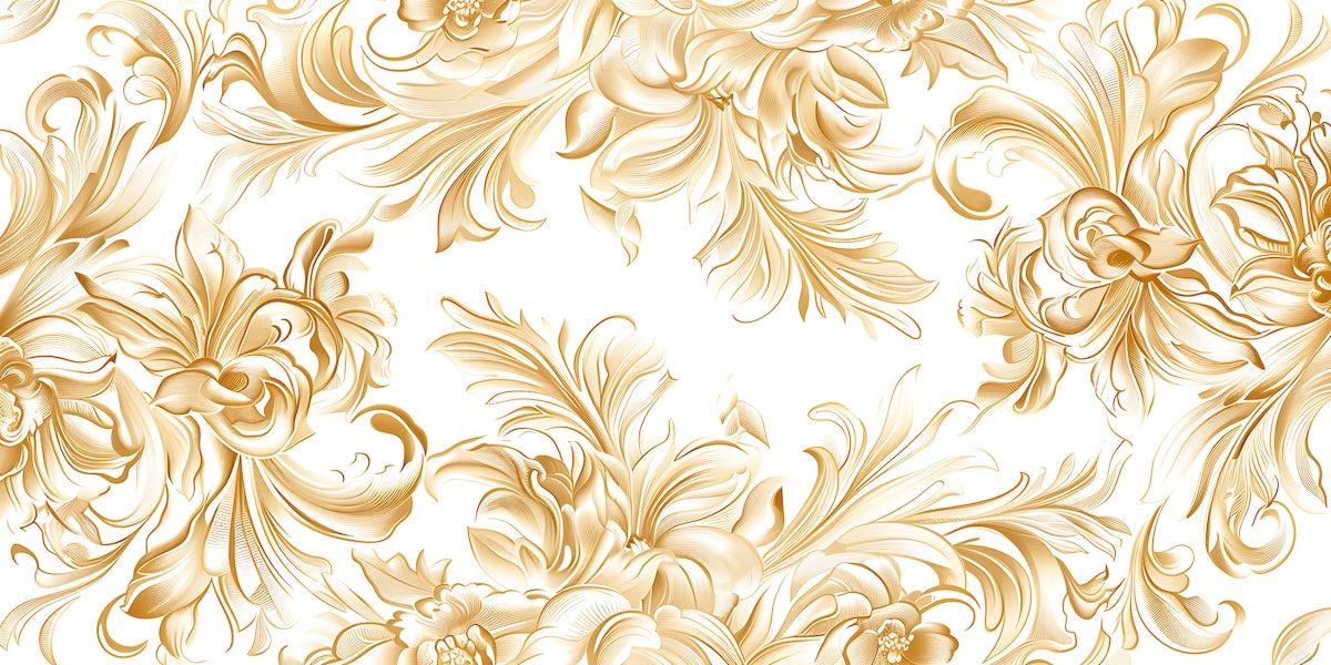 Papier peint baroque - grands rinceaux dorés sur fond blanc