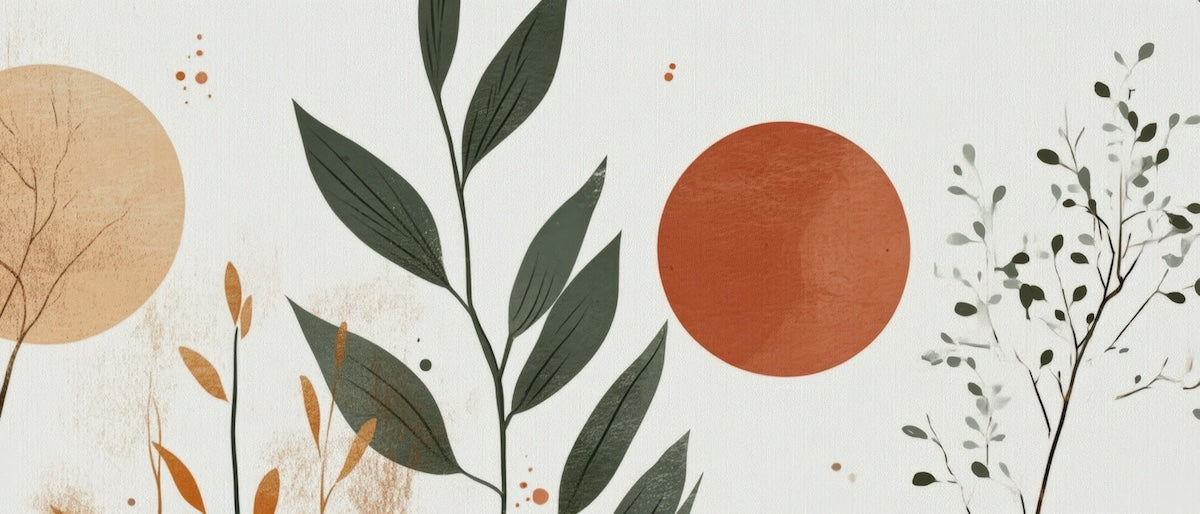 Papier peint boho - grands cercles terre cuite et feuillage noir