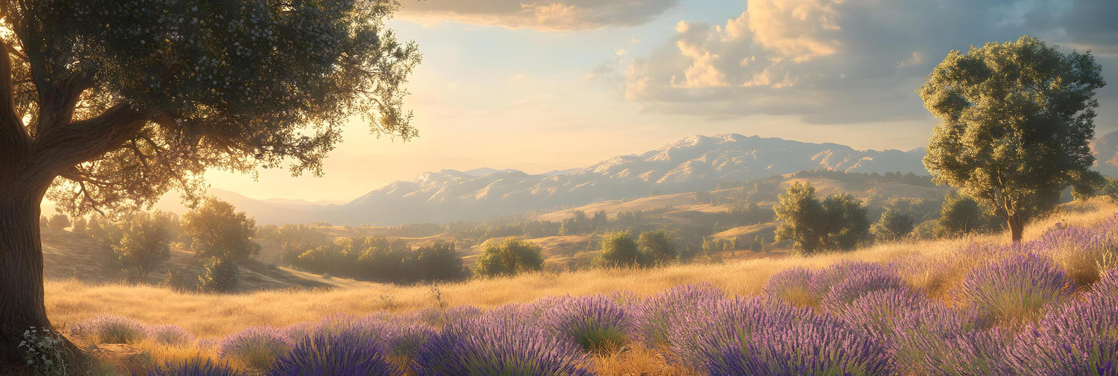 Papier peint campagne - chênes au soleil couchant