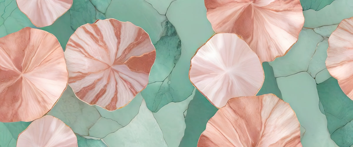 Papier peint boho - nénuphars géométriques rose et vert
