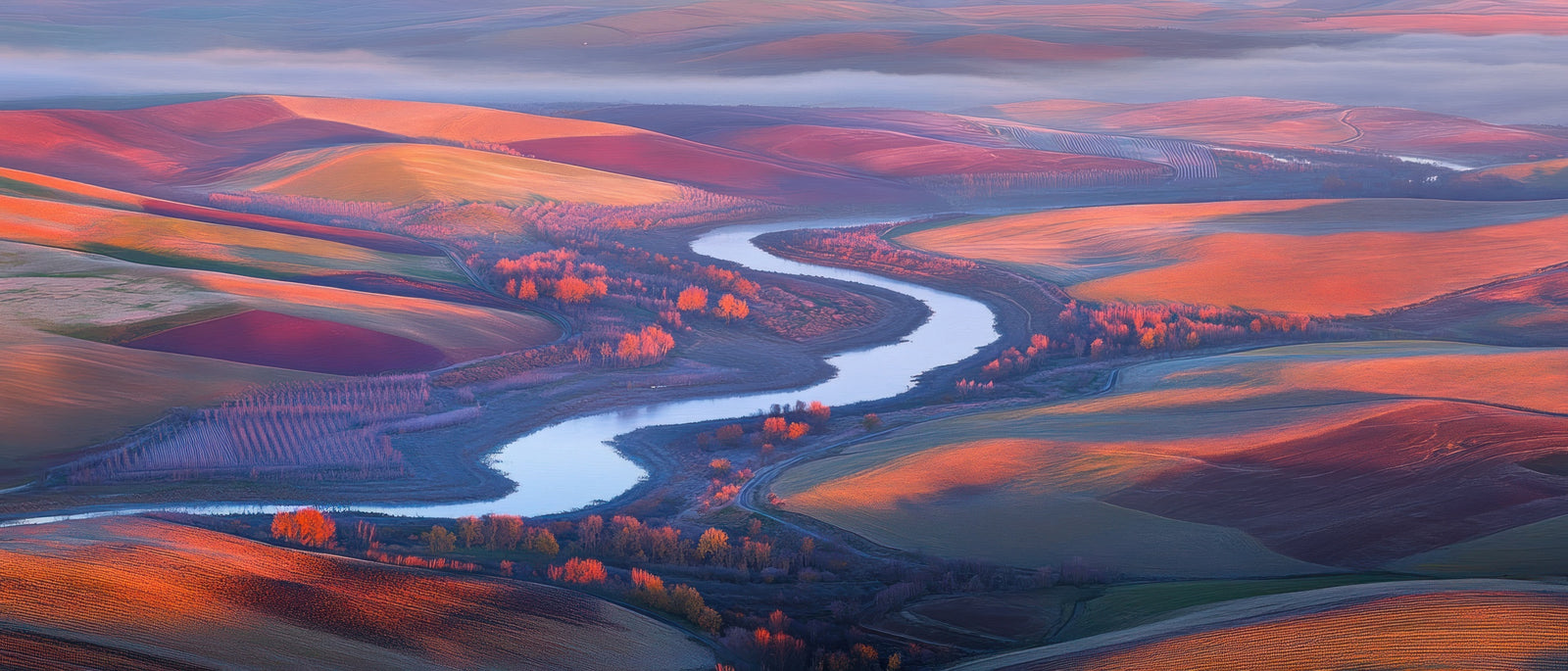 Papier peint campagne - fleuve serpentant dans les collines