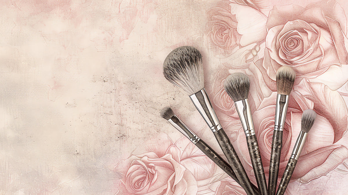 Papier peint beauté - Pinceaux de maquillage sur fond de roses