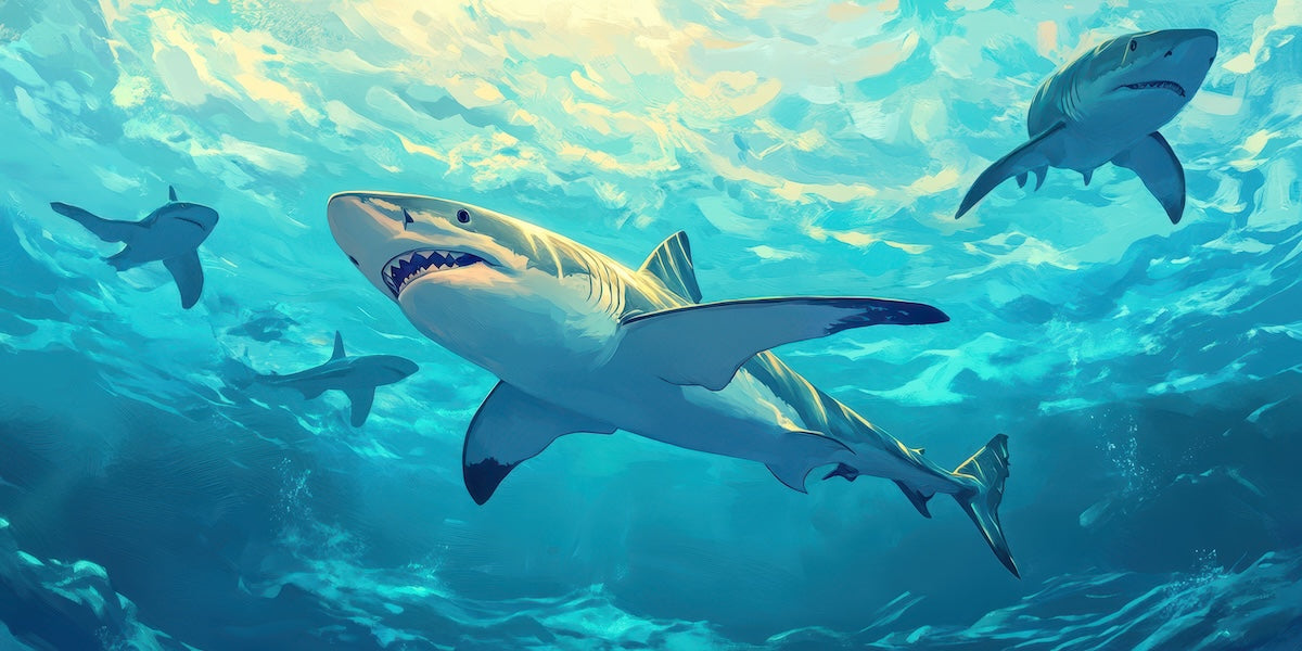 Papier peint animaux - requins bleus au cœur de l'océan