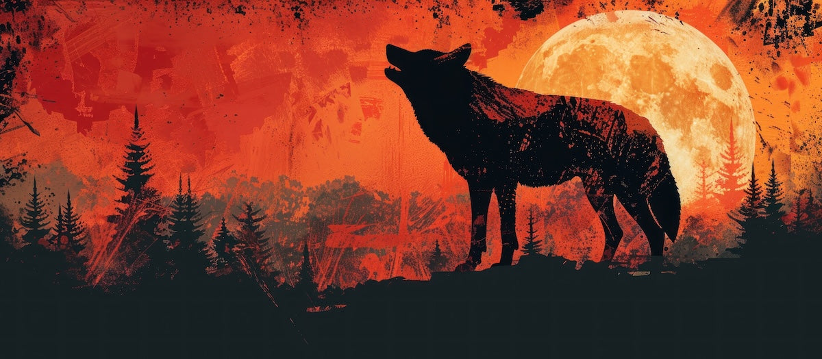 Papier peint animaux - loup noir hurlant à la lune géante