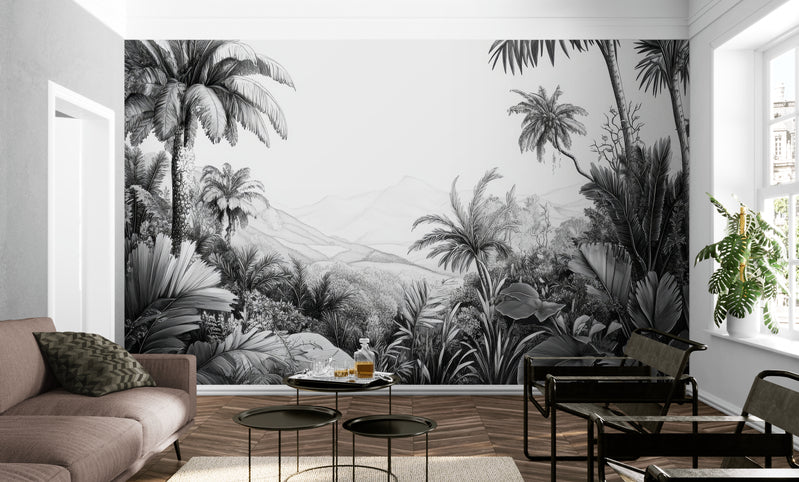 Papier Peint Tropical - Plantes Exotiques Noir Et Blanc