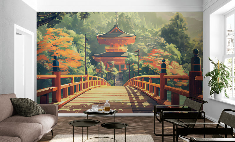 Papier Peint Japonais - Étang Et Temple Dans La Forêt