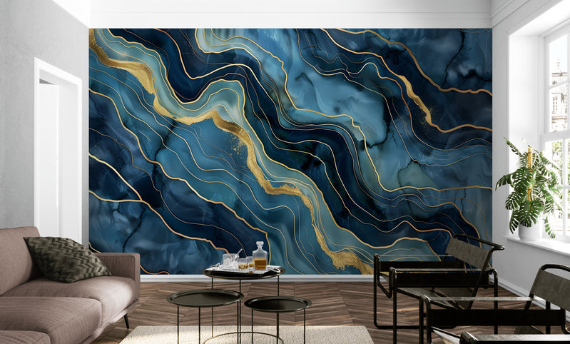Papier Peint Moderne - Marbre Bleu Et Doré