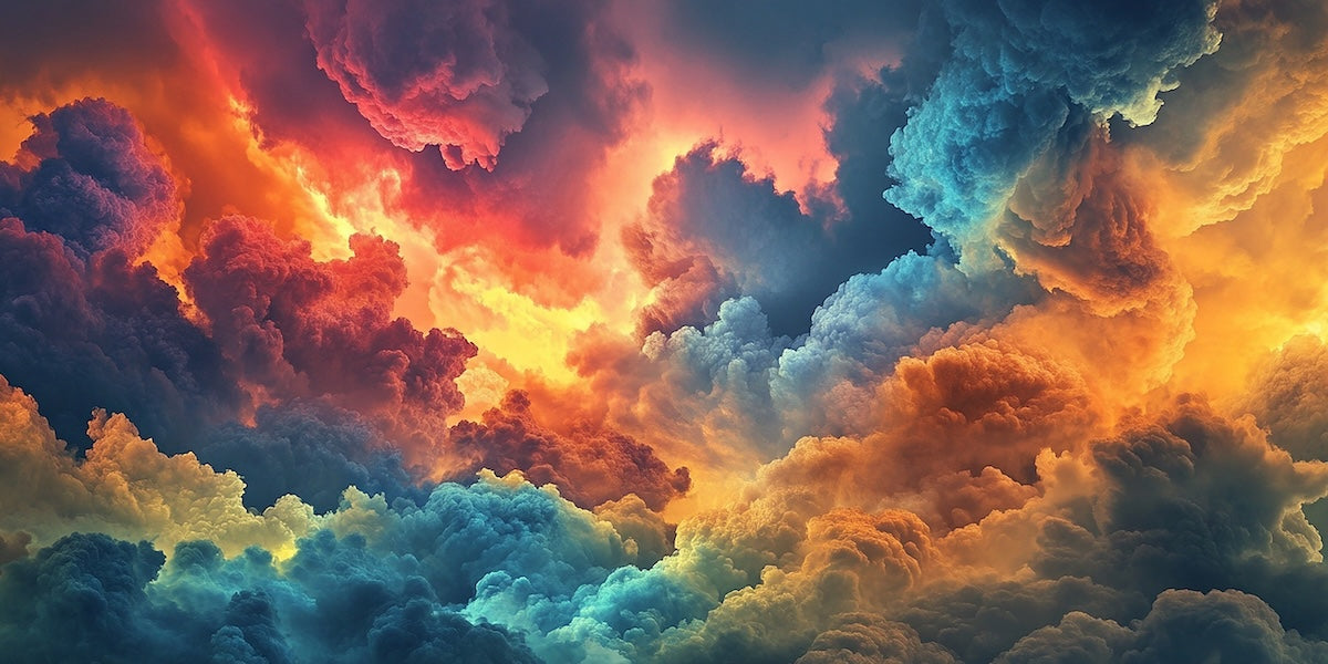 Papier peint nature - ciel d'orage aux reflets orange et bleus