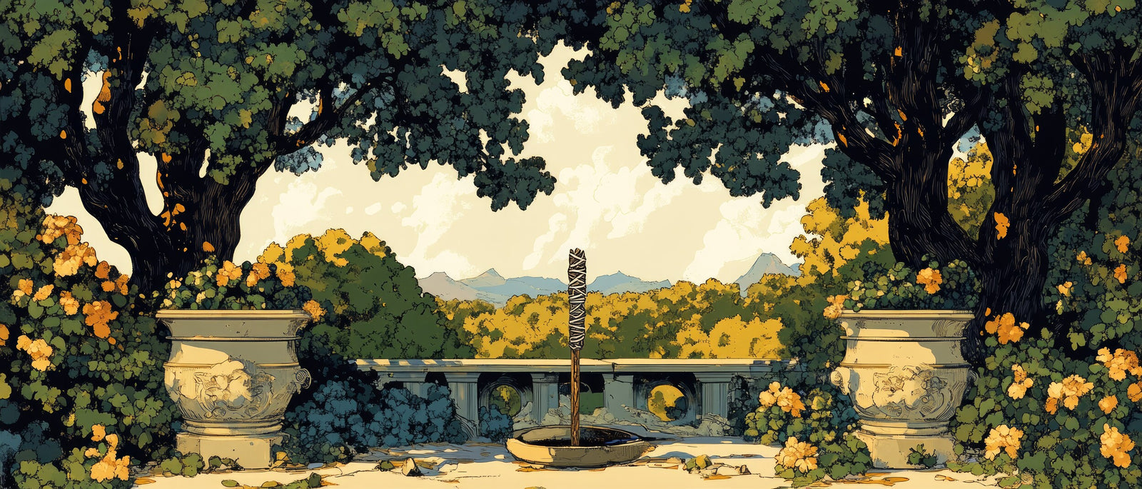 Papier peint campagne - fontaine cachée sous les arbres