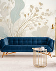 Papier Peint Design - Floral Bleu Et Beige