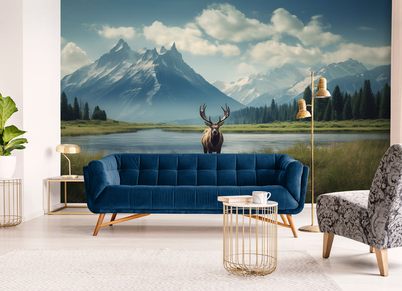 Papier Peint Paysage - Cerf dans l'eau