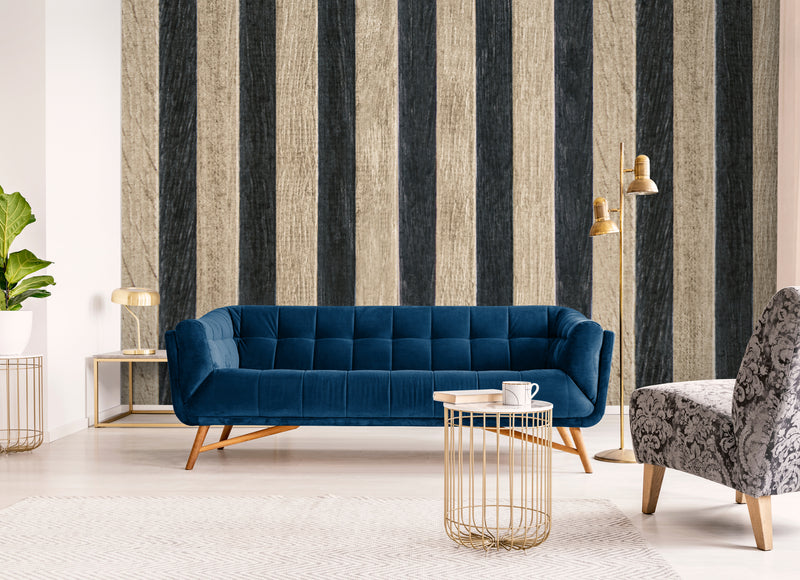 Papier Peint Bois - Rayures Beiges et Noires