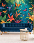 Papier Peint Abstrait - Feuillage Tropical Et Papillons