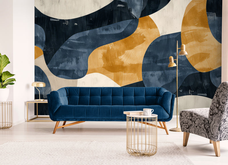 Abstract Wallpaper - Contemporary Blue and Gold Art