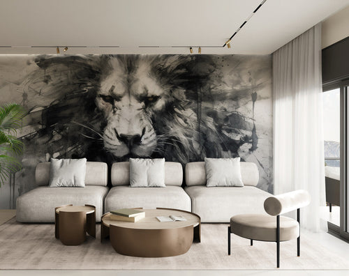Papier Peint Noir et Blanc - Portrait de Lion Sauvage
