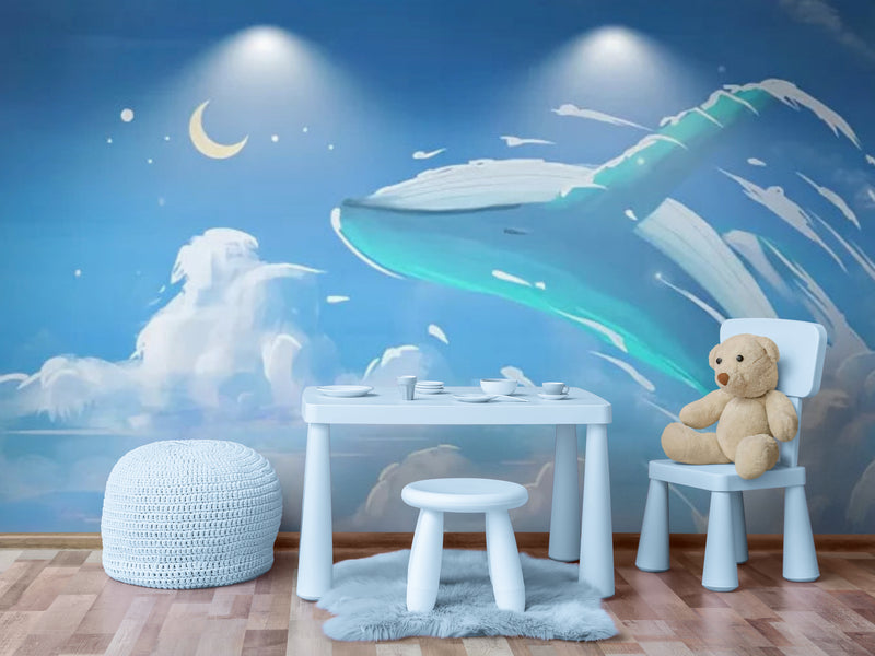 Papier Peint Enfant - Baleine Bleue Dans Les Nuages Nocturnes