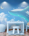 Papier Peint Enfant - Baleine Bleue Dans Les Nuages Nocturnes