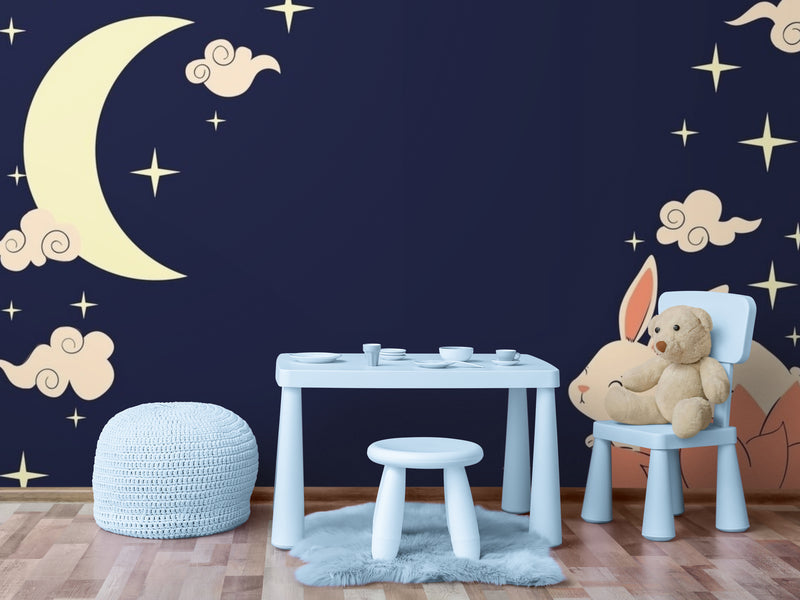 Papier Peint Enfant - Ciel Étoilé Et Lapins