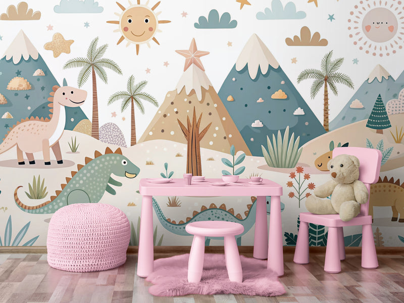 Papier Peint Enfant - Forêt Et Dinosaures